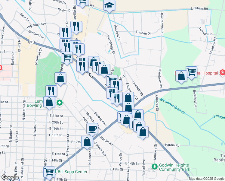 map of restaurants, bars, coffee shops, grocery stores, and more near 1940 North Roberts Avenue in Lumberton