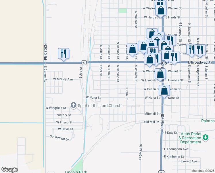 map of restaurants, bars, coffee shops, grocery stores, and more near 705 West Pecan Street in Altus