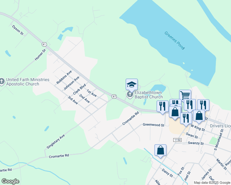 map of restaurants, bars, coffee shops, grocery stores, and more near 2000 West Broad Street in Elizabethtown