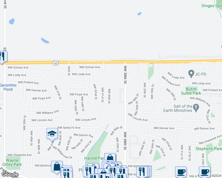 map of restaurants, bars, coffee shops, grocery stores, and more near 2243 Northwest 40th Street in Lawton