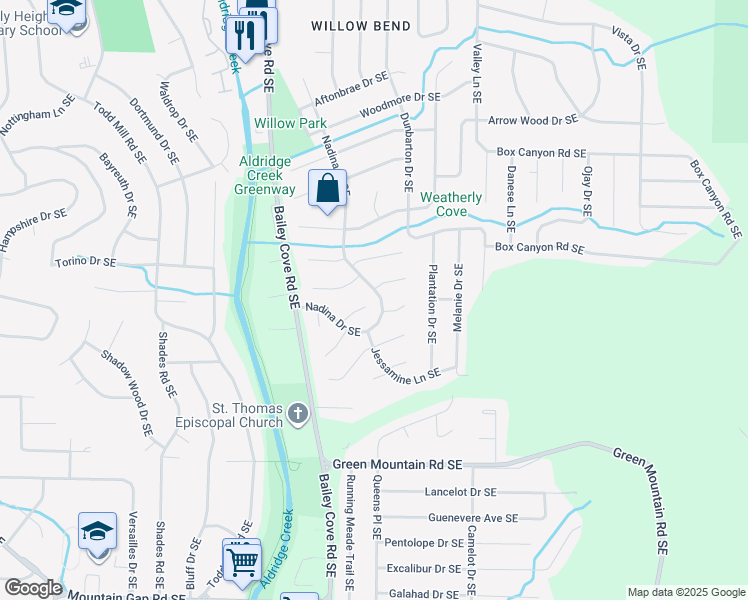 map of restaurants, bars, coffee shops, grocery stores, and more near 2002 Hackberry Green Southeast in Huntsville