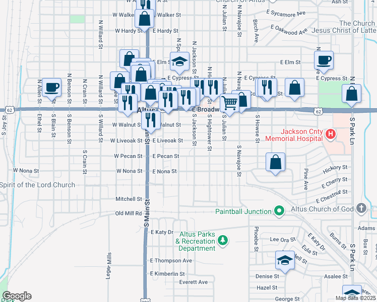 map of restaurants, bars, coffee shops, grocery stores, and more near 320 East Liveoak Street in Altus