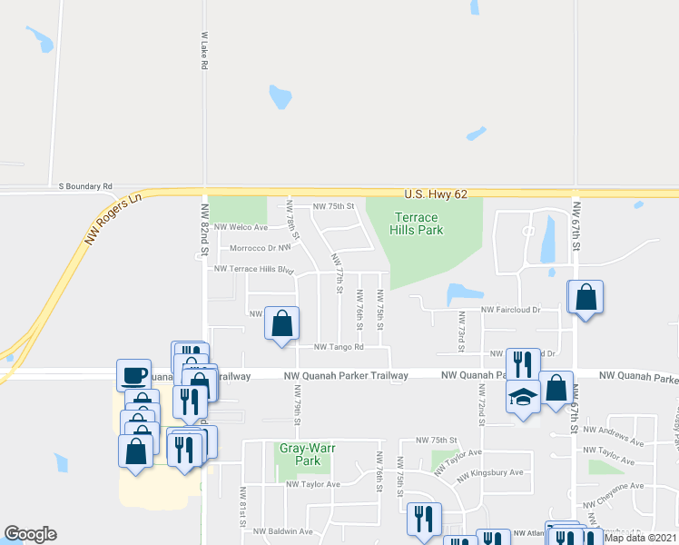 map of restaurants, bars, coffee shops, grocery stores, and more near 2602 Northwest 77th Street in Lawton