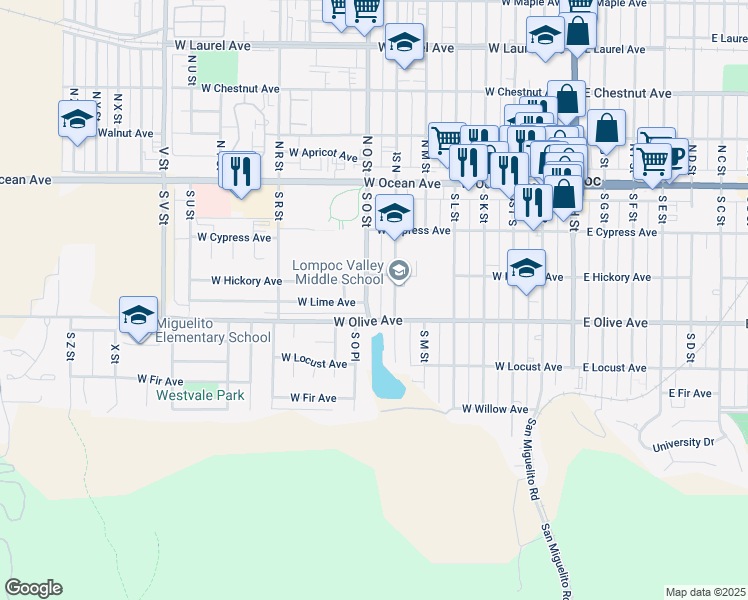 map of restaurants, bars, coffee shops, grocery stores, and more near 320 South O Street in Lompoc