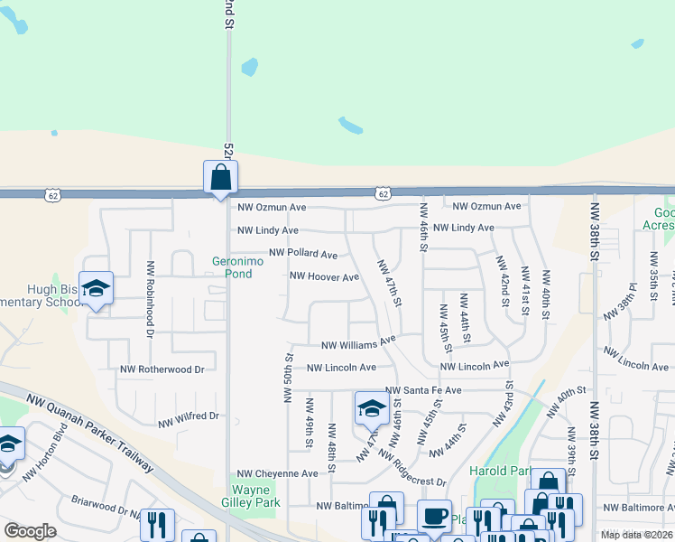 map of restaurants, bars, coffee shops, grocery stores, and more near 4813 Northwest Hoover Avenue in Lawton