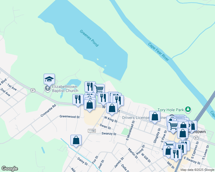 map of restaurants, bars, coffee shops, grocery stores, and more near 56 Greenes Pond Lane in Elizabethtown