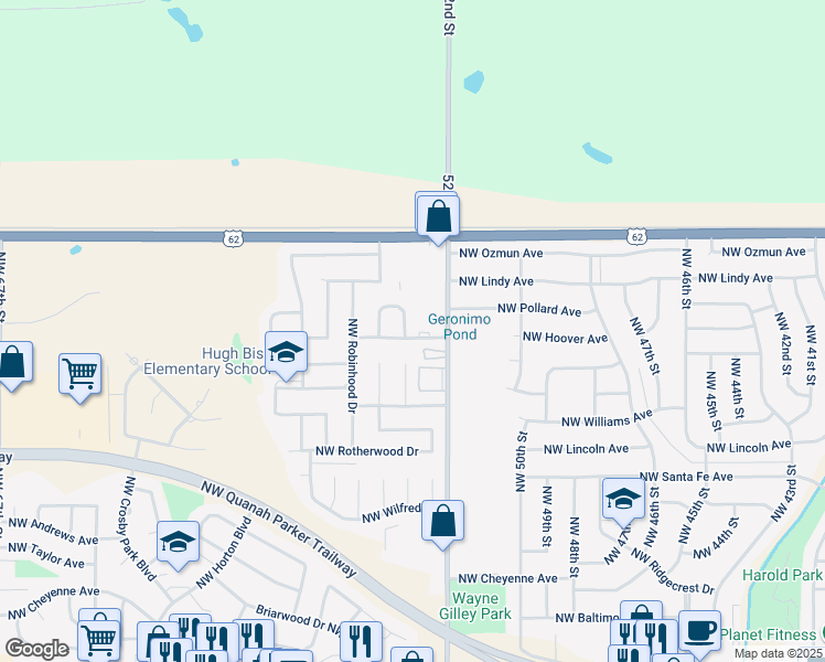 map of restaurants, bars, coffee shops, grocery stores, and more near 2601 Northwest Cedric Circle in Lawton