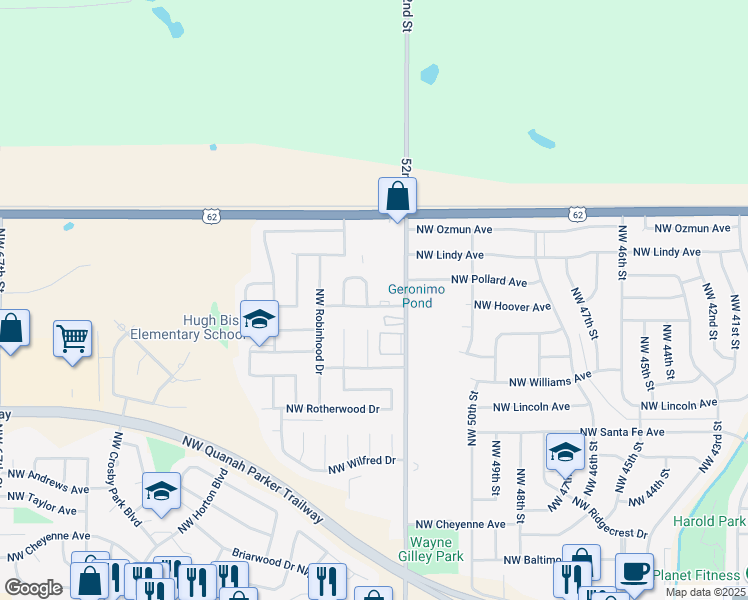 map of restaurants, bars, coffee shops, grocery stores, and more near 2601 Northwest Cedric Circle in Lawton