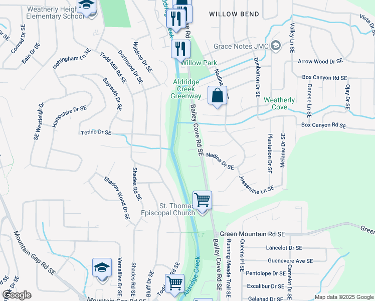 map of restaurants, bars, coffee shops, grocery stores, and more near 1509 Ravenwood Circle Southeast in Huntsville