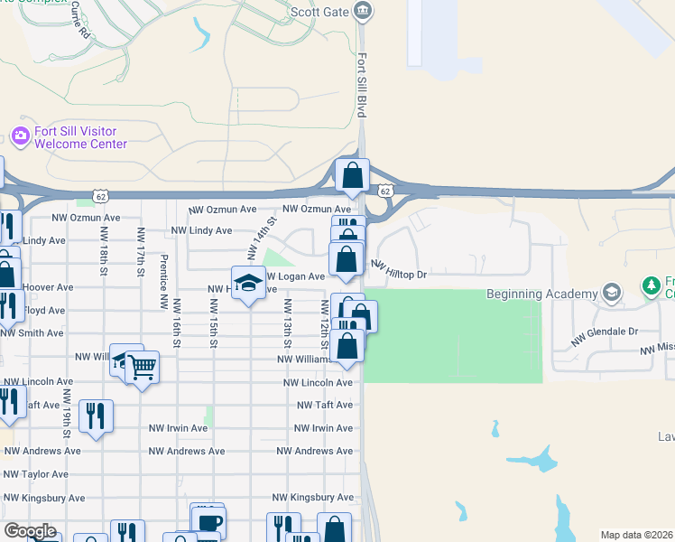map of restaurants, bars, coffee shops, grocery stores, and more near 2705 Mobley Street Northwest in Lawton