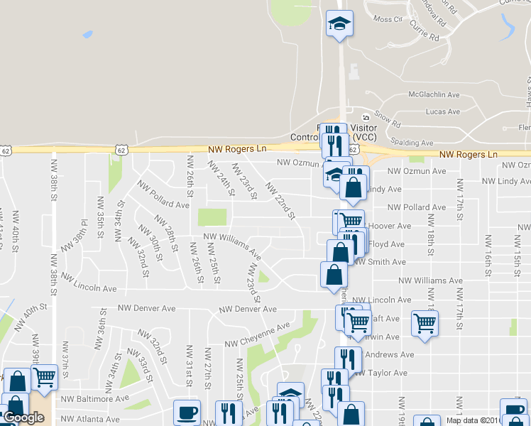 map of restaurants, bars, coffee shops, grocery stores, and more near 2215 Northwest Pollard Avenue in Lawton