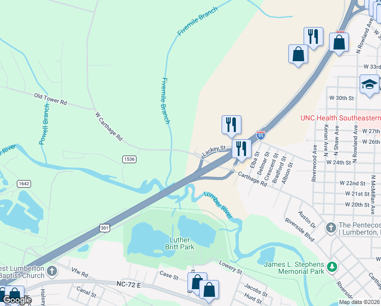 map of restaurants, bars, coffee shops, grocery stores, and more near 2011 West Carthage Road in Lumberton