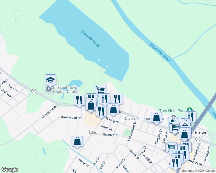 map of restaurants, bars, coffee shops, grocery stores, and more near 56 Greenes Pond Lane in Elizabethtown