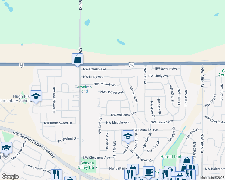 map of restaurants, bars, coffee shops, grocery stores, and more near 4813 Northwest Hoover Avenue in Lawton