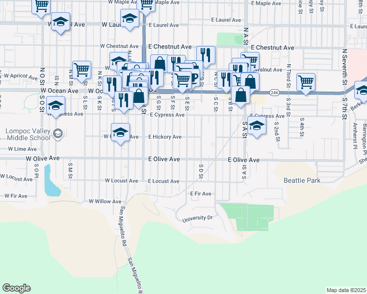 map of restaurants, bars, coffee shops, grocery stores, and more near 319 South E Street in Lompoc