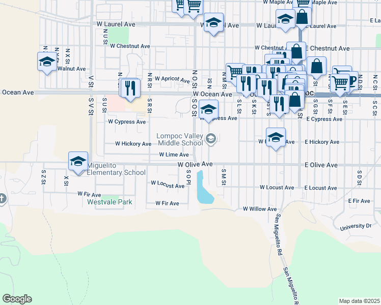 map of restaurants, bars, coffee shops, grocery stores, and more near 320 South O Street in Lompoc