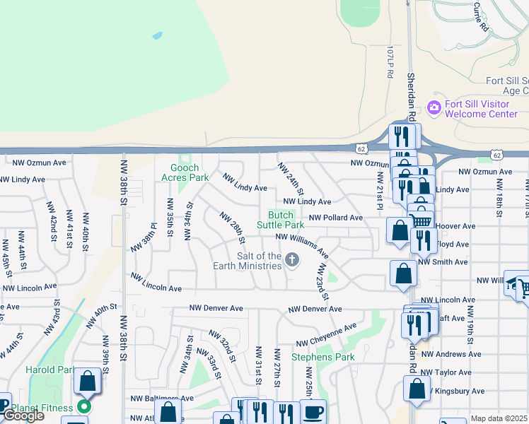 map of restaurants, bars, coffee shops, grocery stores, and more near 2625 Northwest 26th Street in Lawton