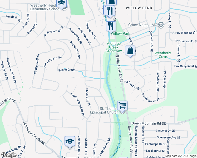 map of restaurants, bars, coffee shops, grocery stores, and more near 9741 Wallwood Drive Southeast in Huntsville
