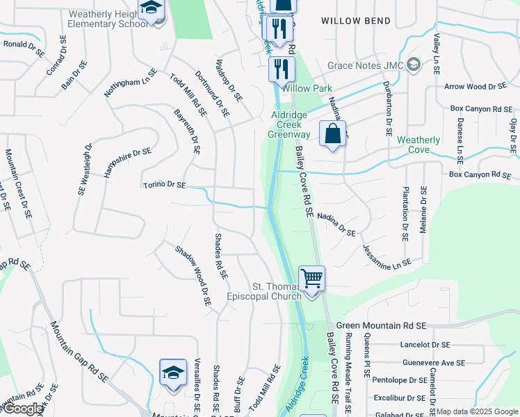 map of restaurants, bars, coffee shops, grocery stores, and more near 9741 Wallwood Drive Southeast in Huntsville