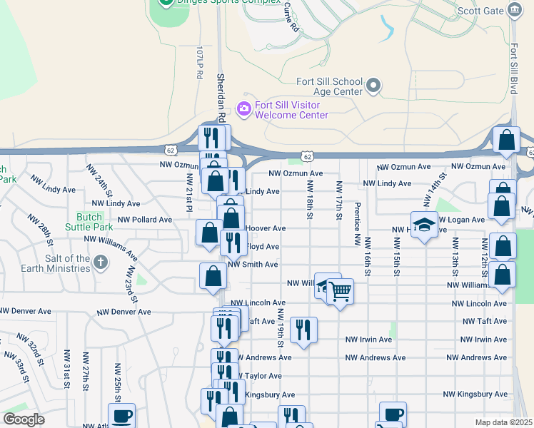 map of restaurants, bars, coffee shops, grocery stores, and more near 1910 Northwest Pollard Avenue in Lawton