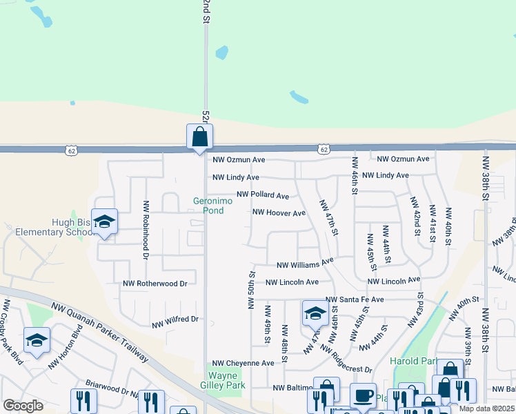 map of restaurants, bars, coffee shops, grocery stores, and more near 4825 Northwest Hoover Avenue in Lawton