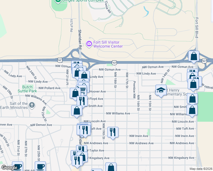 map of restaurants, bars, coffee shops, grocery stores, and more near 1812 Northwest Pollard Avenue in Lawton