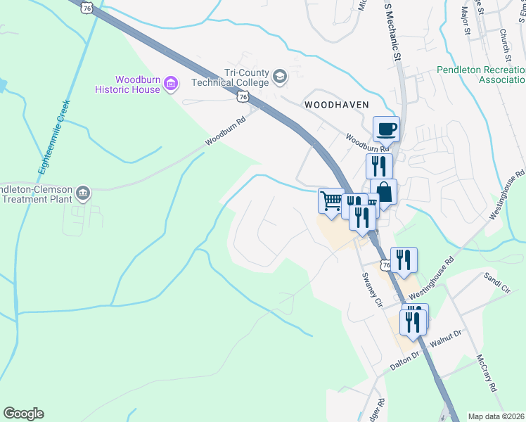 map of restaurants, bars, coffee shops, grocery stores, and more near 106 Hillandale Road in Pendleton