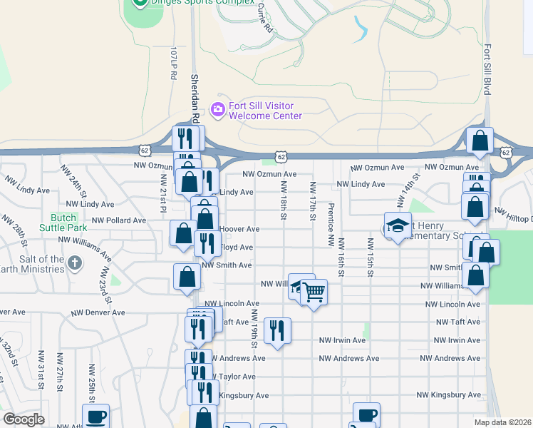 map of restaurants, bars, coffee shops, grocery stores, and more near 1812 Northwest Pollard Avenue in Lawton