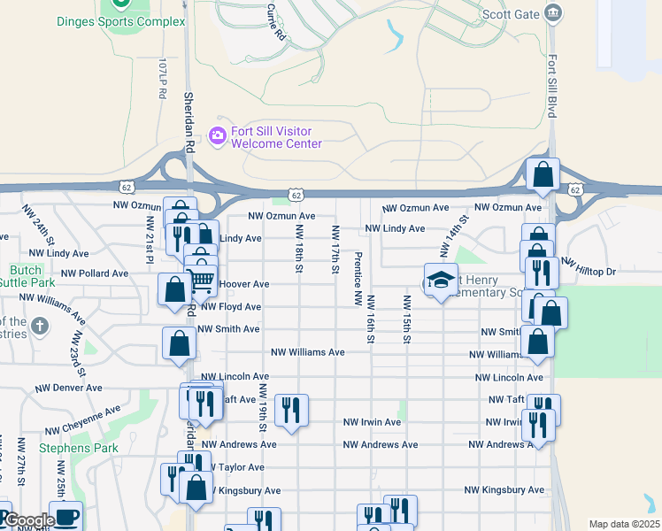 map of restaurants, bars, coffee shops, grocery stores, and more near 2608 Northwest 17th Street in Lawton