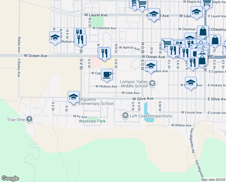 map of restaurants, bars, coffee shops, grocery stores, and more near 1105 West Lime Avenue in Lompoc