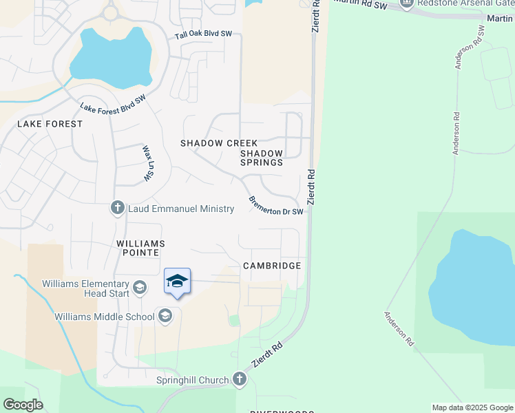 map of restaurants, bars, coffee shops, grocery stores, and more near 131 Bremerton Court Southwest in Huntsville