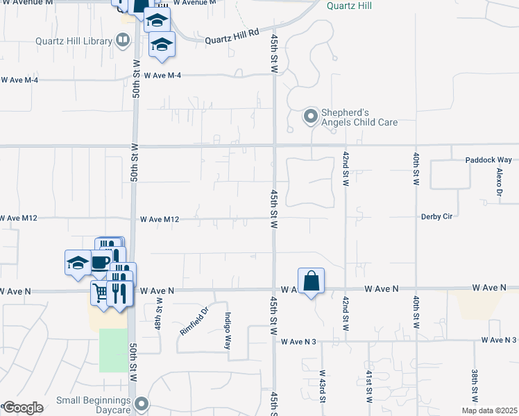 map of restaurants, bars, coffee shops, grocery stores, and more near 4525 West Avenue M12 in Lancaster