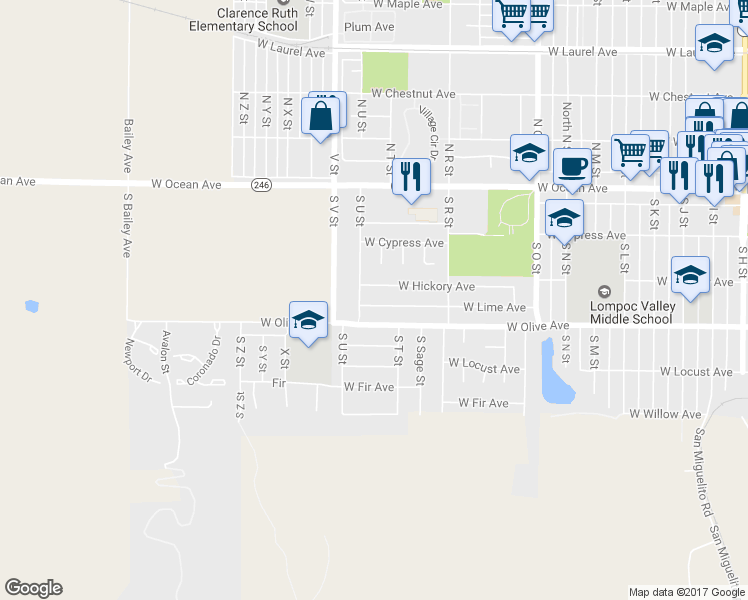 map of restaurants, bars, coffee shops, grocery stores, and more near 1317 Lime Avenue in Lompoc