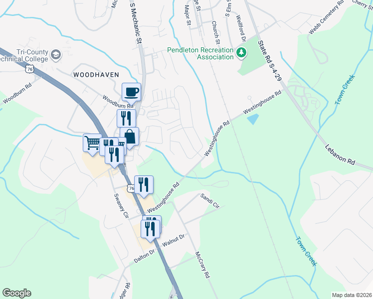 map of restaurants, bars, coffee shops, grocery stores, and more near 300 Sliding Rock Drive in Pendleton