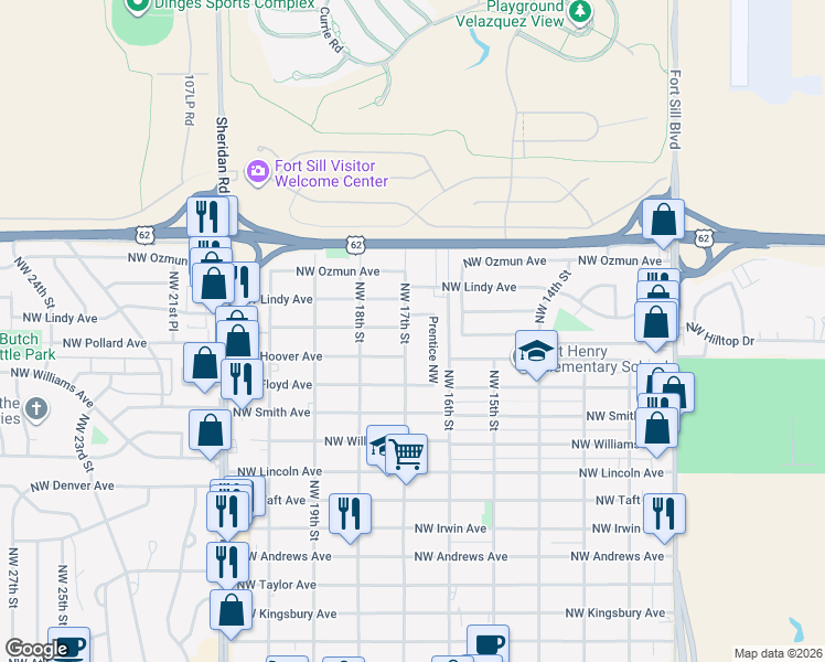 map of restaurants, bars, coffee shops, grocery stores, and more near 2523 Northwest 17th Street in Lawton