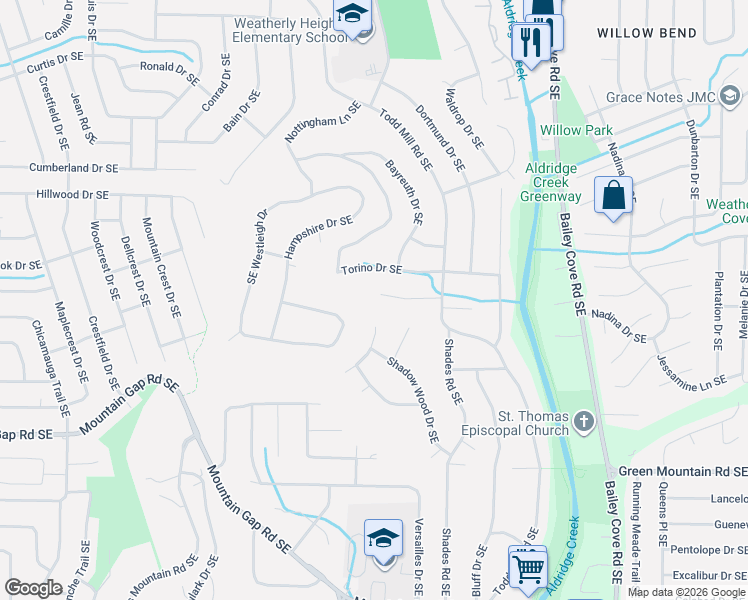 map of restaurants, bars, coffee shops, grocery stores, and more near 916 Sommerset Road Southeast in Huntsville