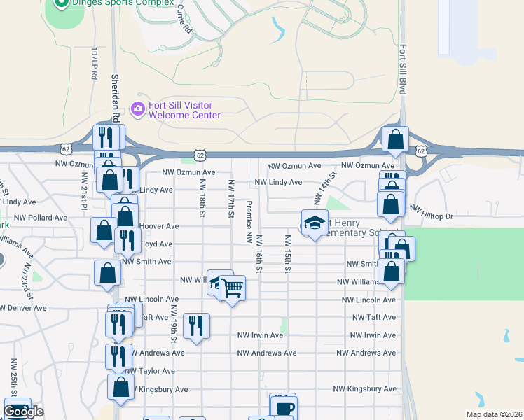 map of restaurants, bars, coffee shops, grocery stores, and more near 2702 NW 16th St in Lawton