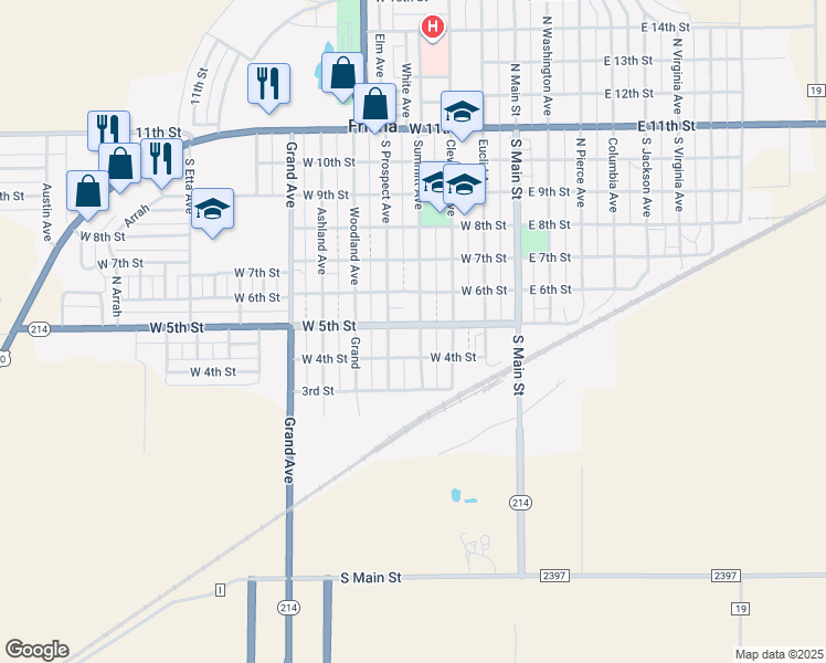 map of restaurants, bars, coffee shops, grocery stores, and more near 401 West 5th Street in Friona