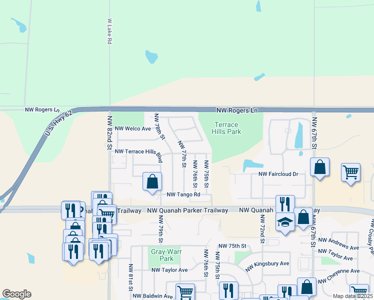 map of restaurants, bars, coffee shops, grocery stores, and more near 7519 Northwest Palomino Drive in Lawton