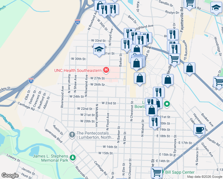 map of restaurants, bars, coffee shops, grocery stores, and more near 2502 North Barker Street in Lumberton