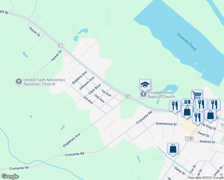 map of restaurants, bars, coffee shops, grocery stores, and more near 2105 West Broad Street in Elizabethtown