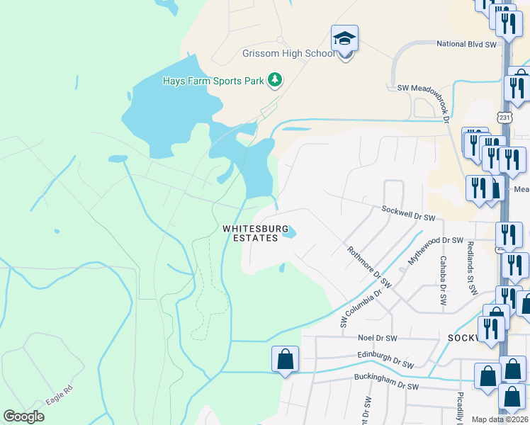 map of restaurants, bars, coffee shops, grocery stores, and more near 2402 Rothmore Drive Southwest in Huntsville