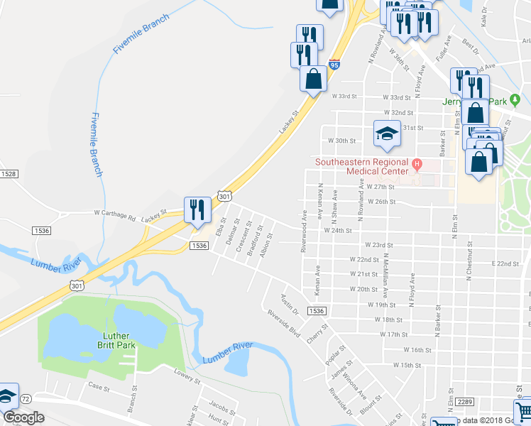 map of restaurants, bars, coffee shops, grocery stores, and more near 1002 West 24th Street in Lumberton