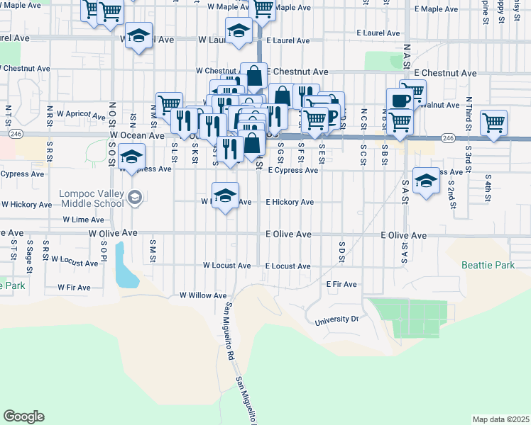 map of restaurants, bars, coffee shops, grocery stores, and more near 318 South H Street in Lompoc