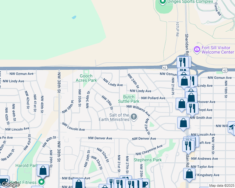 map of restaurants, bars, coffee shops, grocery stores, and more near 2625 Northwest 26th Street in Lawton
