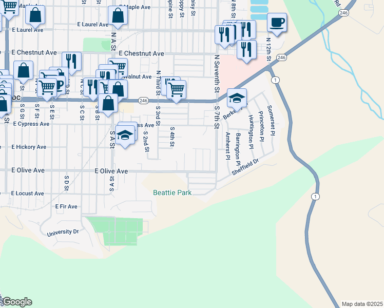 map of restaurants, bars, coffee shops, grocery stores, and more near 1300 East Hickory Avenue in Lompoc