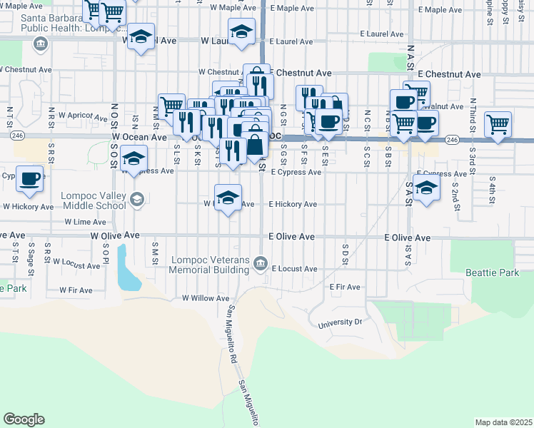 map of restaurants, bars, coffee shops, grocery stores, and more near 318 South H Street in Lompoc