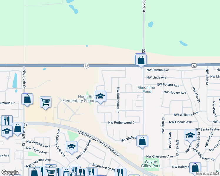 map of restaurants, bars, coffee shops, grocery stores, and more near 2606 Northwest Locksley Lane in Lawton