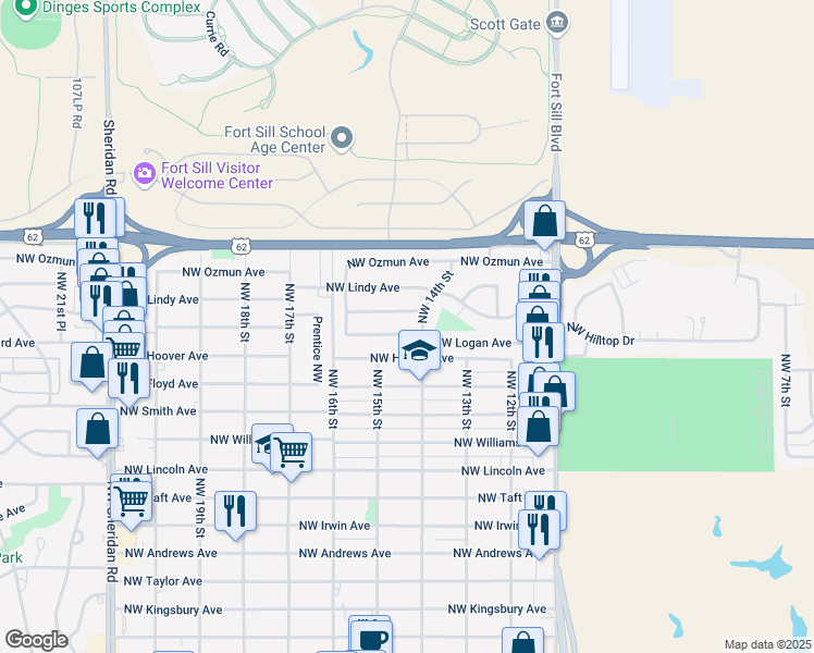 map of restaurants, bars, coffee shops, grocery stores, and more near 1406 Northwest Logan Avenue in Lawton