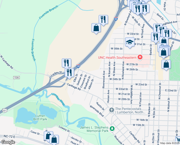 map of restaurants, bars, coffee shops, grocery stores, and more near 1000 West 24th Street in Lumberton